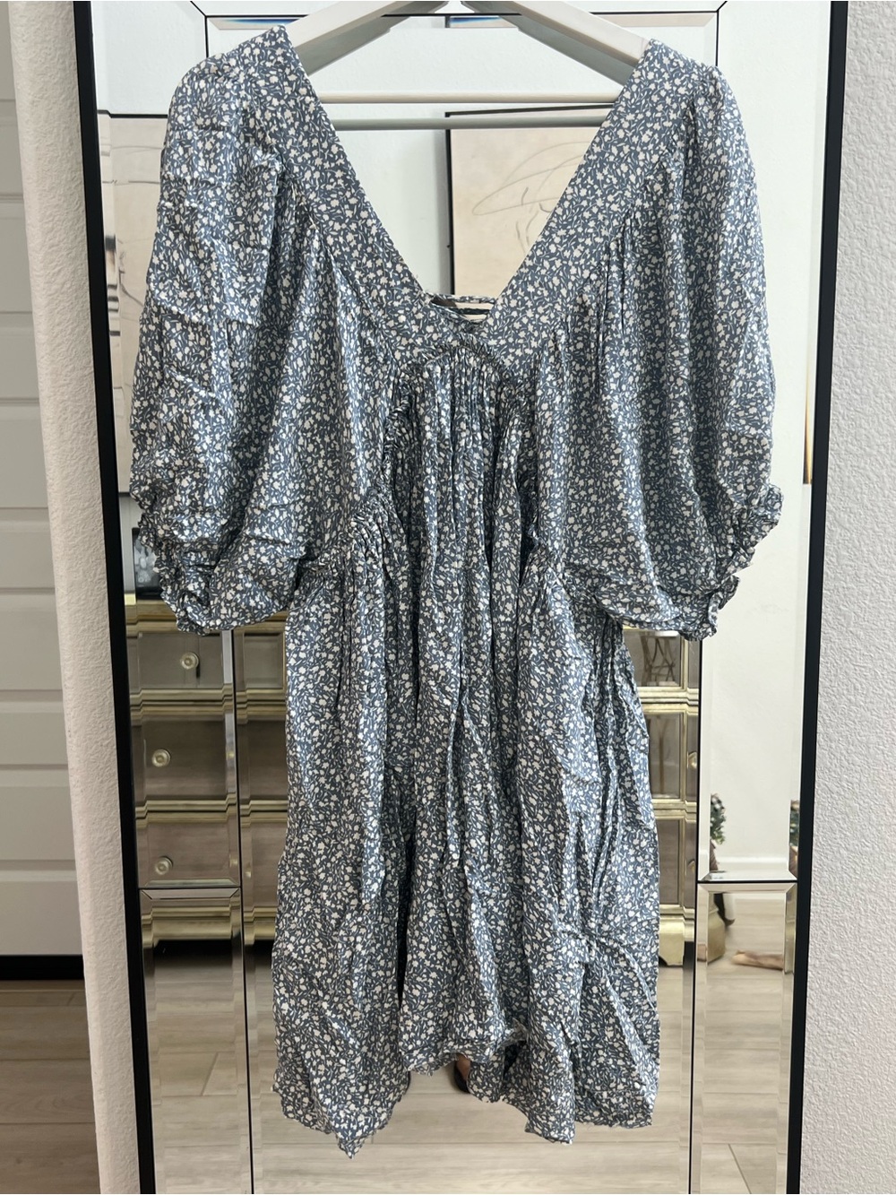 Millibon Blue Floral Midi Dress with Puff Sleeves